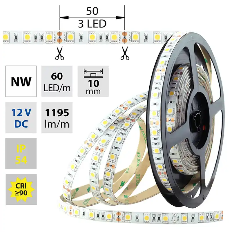 Celosvětová Doprava MCLED LED PÁSEK SMD5050, 14,4W/1195LM/60LED/M 12VDC IP54 Š.10MM NEUTR.BÍLÁ