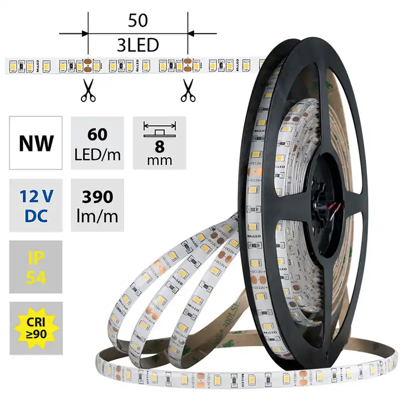 Akce MCLED LED PÁSEK SMD2835 4,8W/390LM/60LED/M 12VDC IP54 Š.8MM 4200K CRI90 5M
