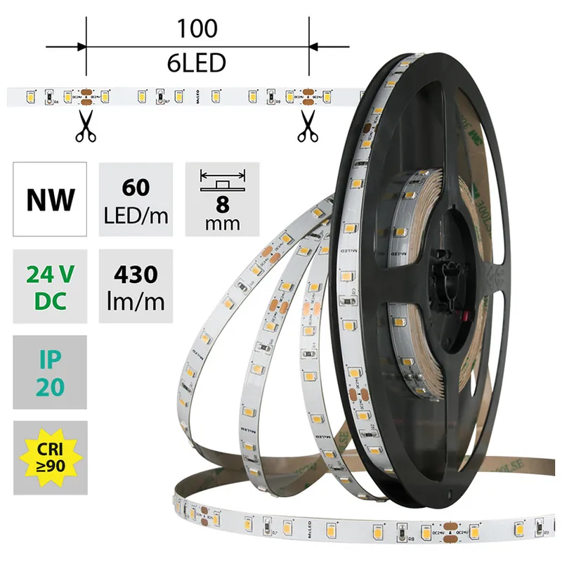 MCLED LED PÁSEK SMD2835 NW 60LED/M 4,8W/M DC 24V 430LM/M CRI90 IP20 8MM 5M ML-126.830.60.0 Moderní