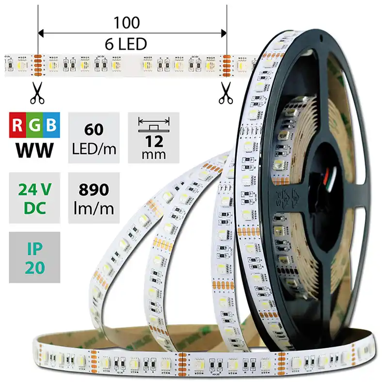 MCLED LED PÁSEK SMD5050 RGB+WW 60LED/M 19,2W/M 890LM/M IP20 DC 24V 12MM 50M ML-128.635.60. Doprava Zdarma