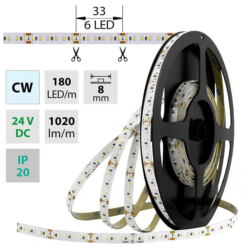 MCLED LED PÁSEK SMD2216 CW, 180LED/12W/1020LM/M IP20 24VDC 8MM 6000K (BAL.5M) Dokud Zásoby Vydrží