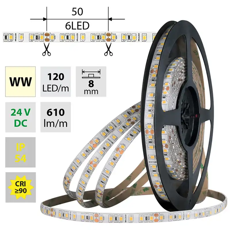 MCLED LED PÁSEK SMD2835 WW 120LED/M 9,6W/M 24VDC 610LM/M CRI90 IP54 8MM 5M ML-126.854.60.0 Originální