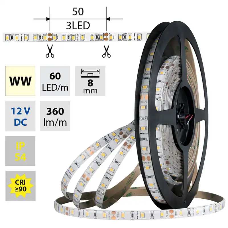 MCLED LED PÁSEK SMD2835 WW 60LED/M 4,8W/M DC 12V 360LM/M CRI90 IP54 8MM 5M ML-121.845.60.0 Vysoce Kvalitní