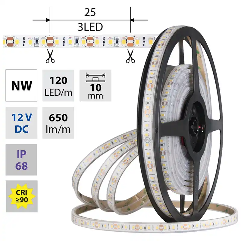 MCLED LED PÁSEK SMD2835 NW 120LED/M 9,6W/M DC 12V 650LM/M CRI90 IP68 10MM 5M ML-121.867.60 Cenový Hit