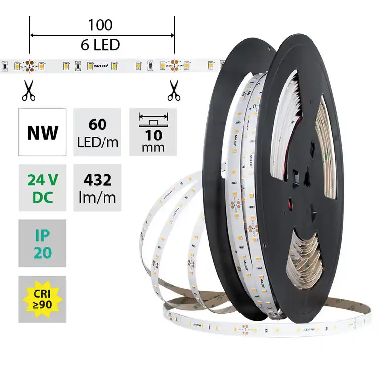 Expresní Doručení MCLED LED PÁSEK SMD2835 NW 60LED/M 4,8W/M DC24V 432LM/M CRI90 IP20 10MM 50M ML-126.872.60.
